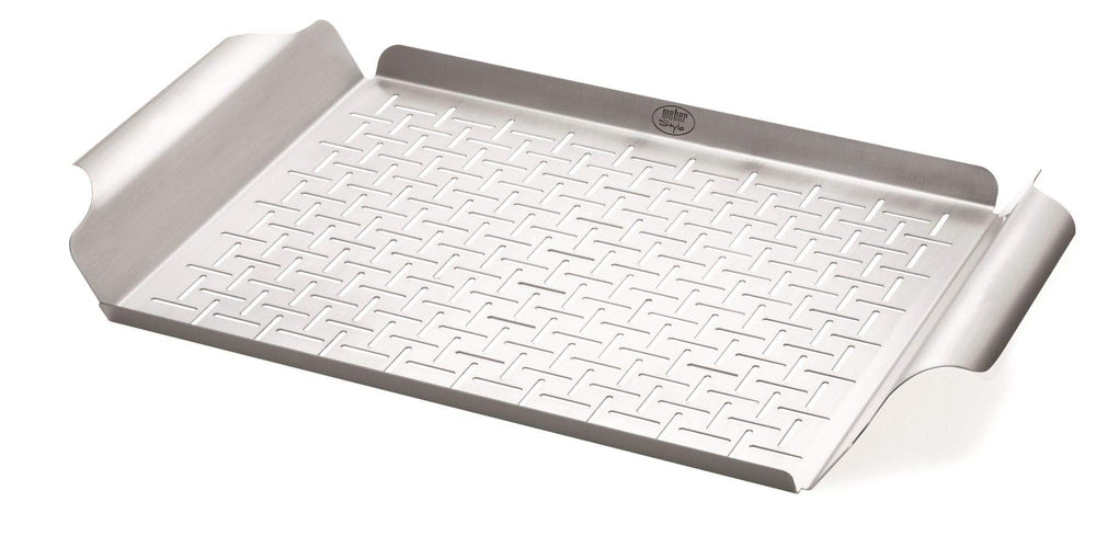 Weber grill pan front view showing durable stainless steel and handles for secure grilling
