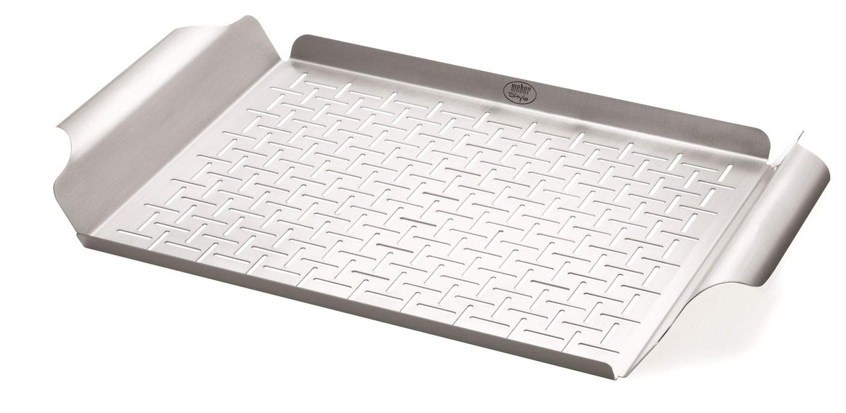 Weber grill pan front view showing durable stainless steel and handles for secure grilling