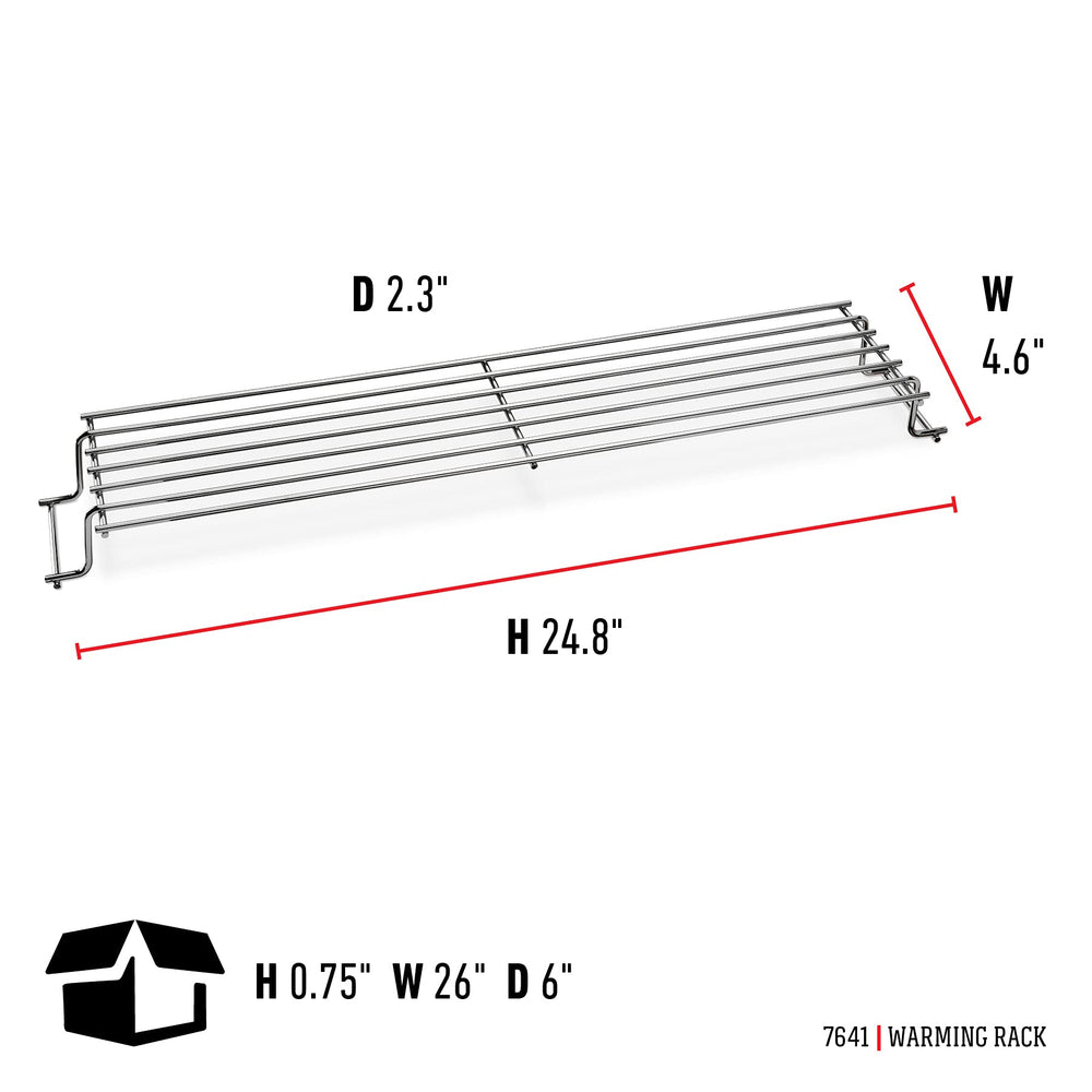 Weber warming rack next to tape measure showing exact 24.8 inch length