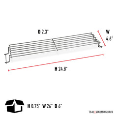 Weber warming rack next to tape measure showing exact 24.8 inch length