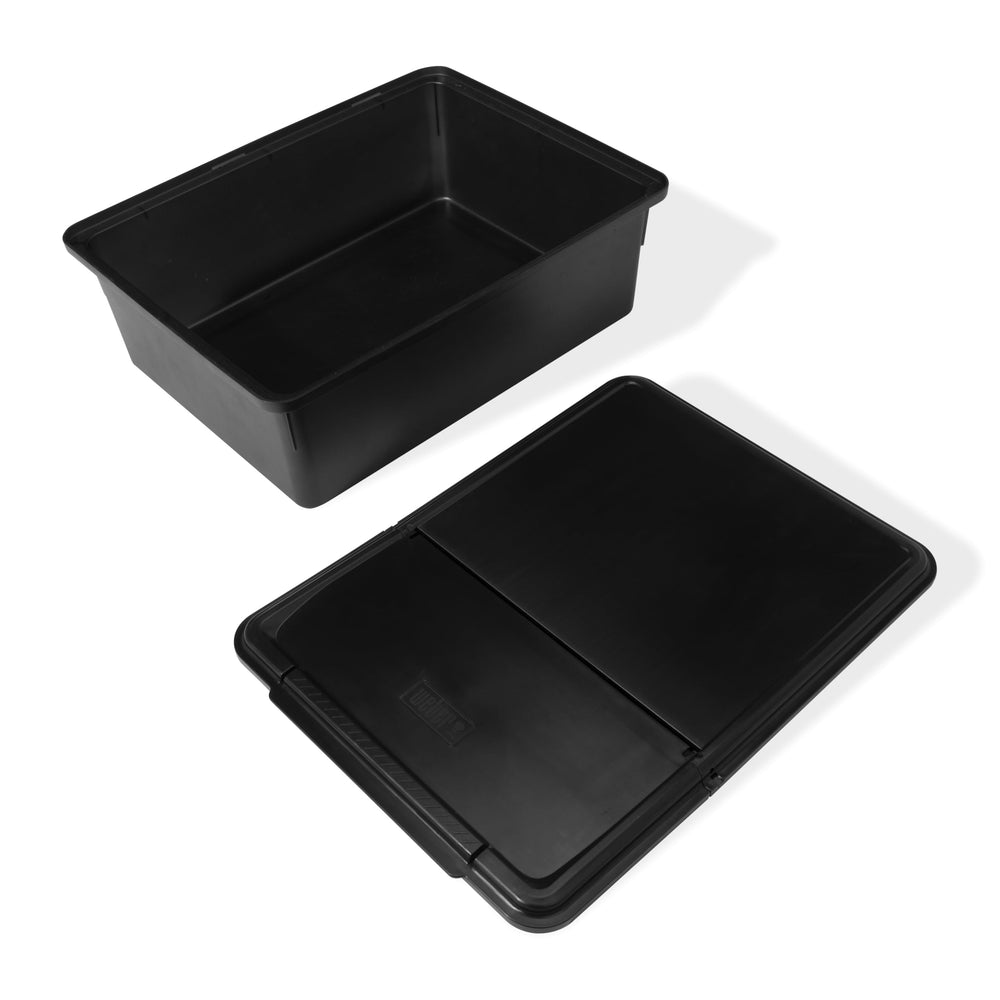Weber Works bin holding tongs, spatula, and rubs for tidy grilling organization