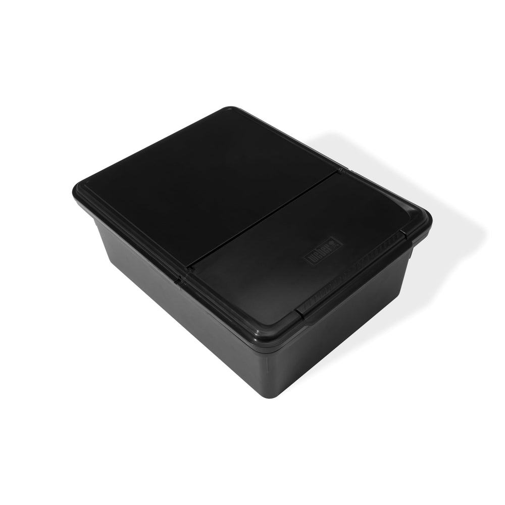 Weber Works storage bin hinged lid close-up showing gasket for reliable weather protection
