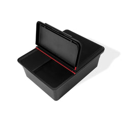 Weber Works bin installed in side table keeping grilling tools organized and within reach