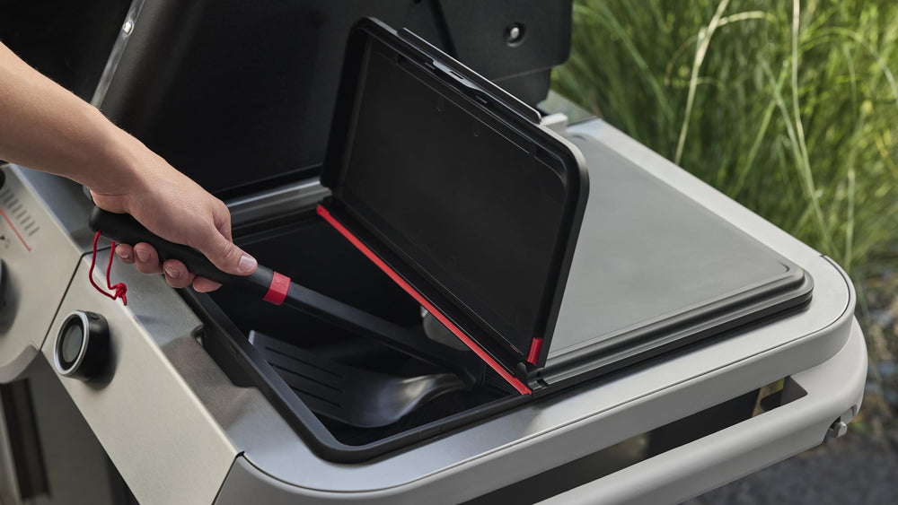 Weber Works bin in outdoor grill setup showing neat storage and faster meal prep