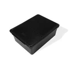 Weber Works bin mounted on open cart bracket creating convenient under-grill storage