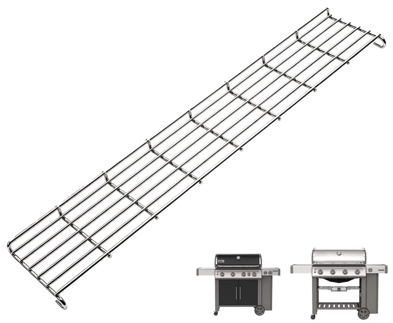 WEBROIL warming rack front view showing fit and added shelf benefit