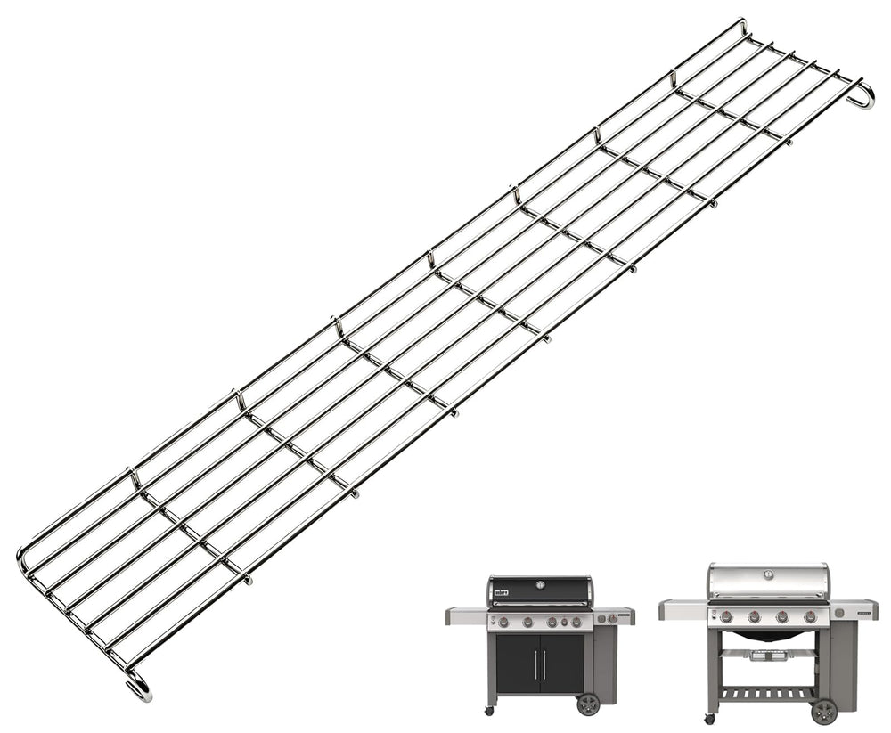WEBROIL warming rack front view showing fit and added shelf benefit