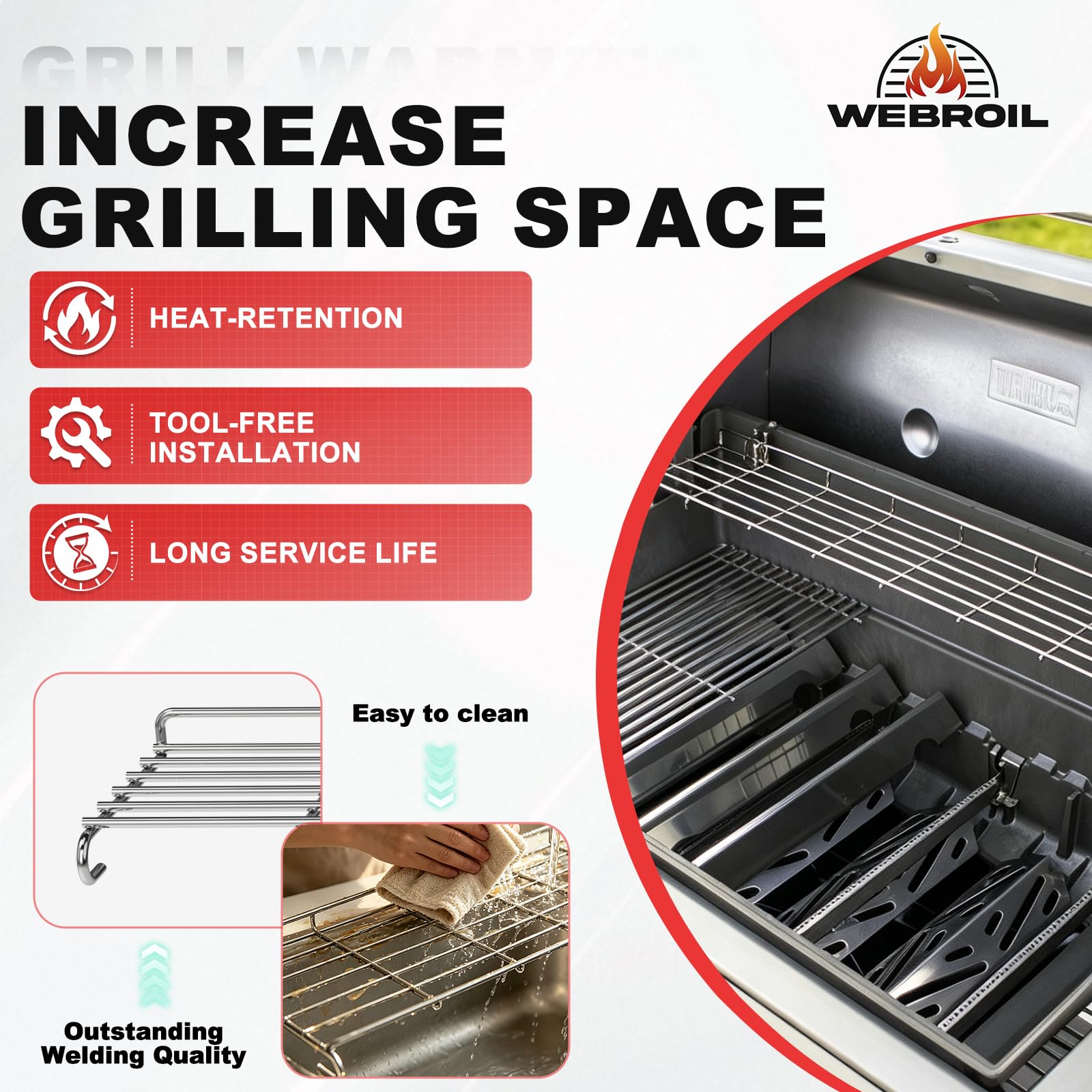 WEBROIL warming rack installed in Weber S-410 demonstrating restored shelf space