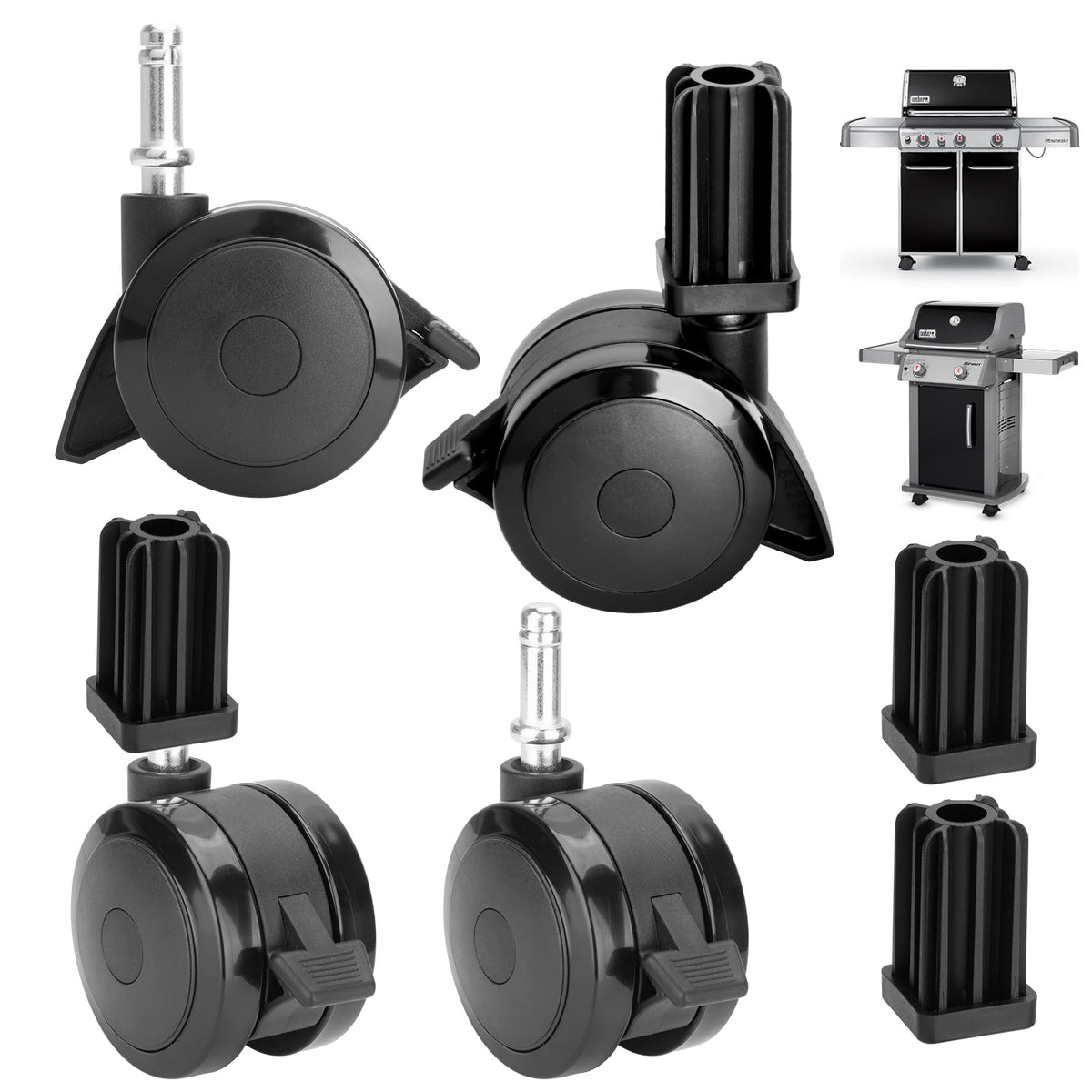WEBROIL caster front view installed on a Weber grill showing easy replacement benefits