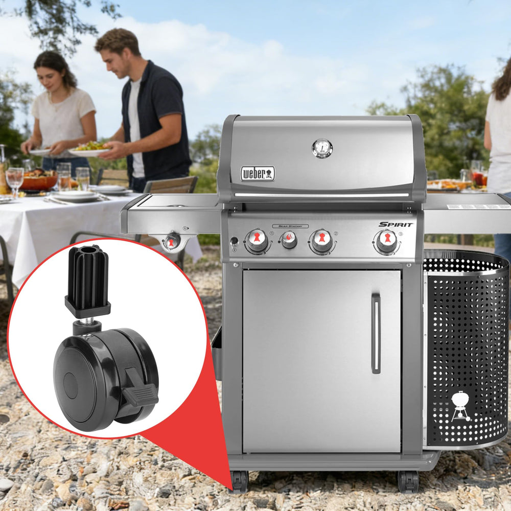 WEBROIL casters on backyard grill illustrating convenience and safer positioning
