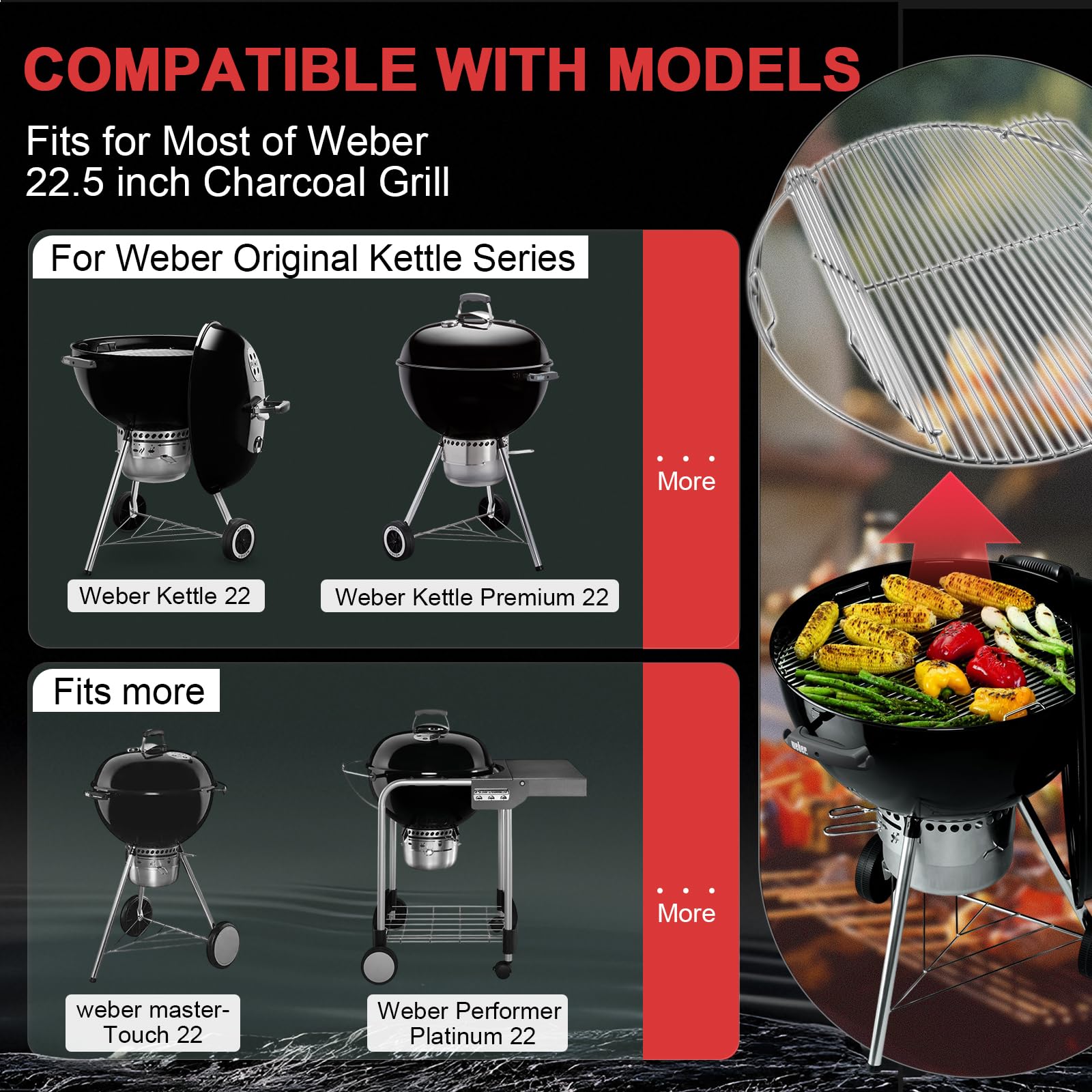 WEBROIL hinge detail highlighting flip-up access for easy charcoal refueling