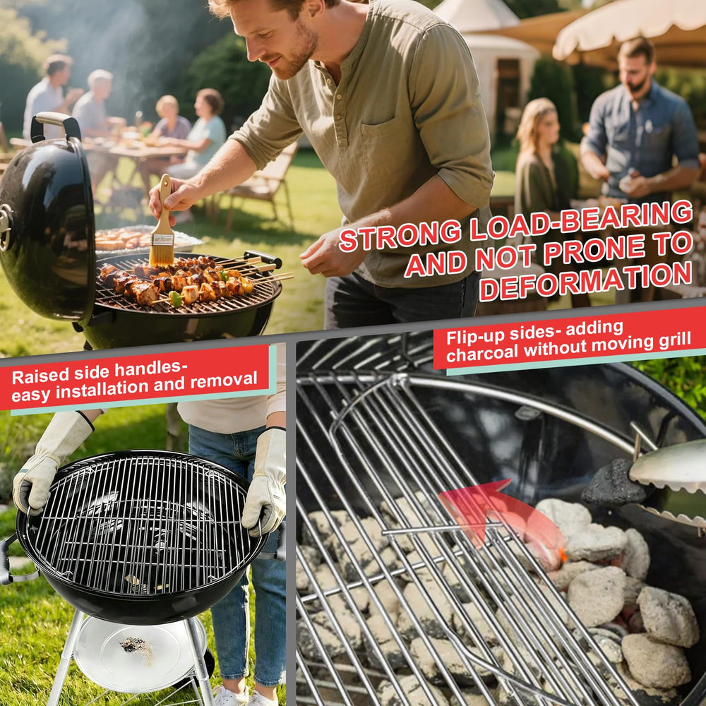 WEBROIL cooking grate in use with burgers showing more cook space and searing benefits