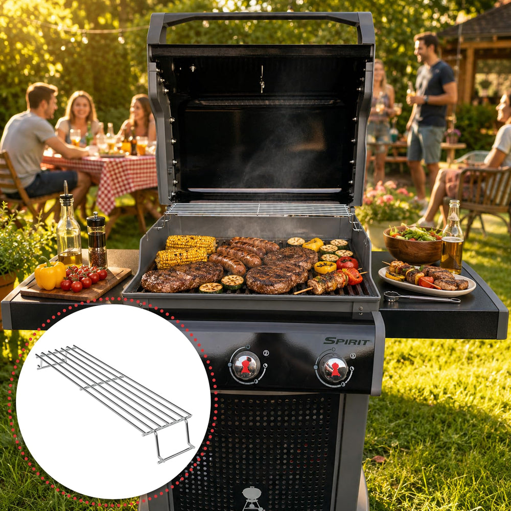 WEBROIL warming rack in grill with food showing gentle warming benefit