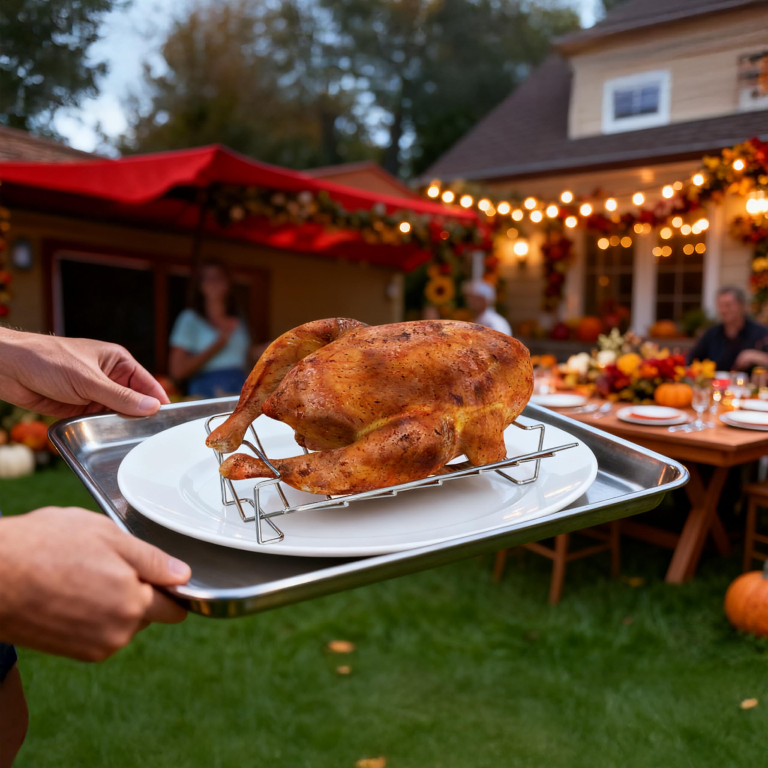 WEBROIL concave side holding a turkey for stable roasting and even heat
