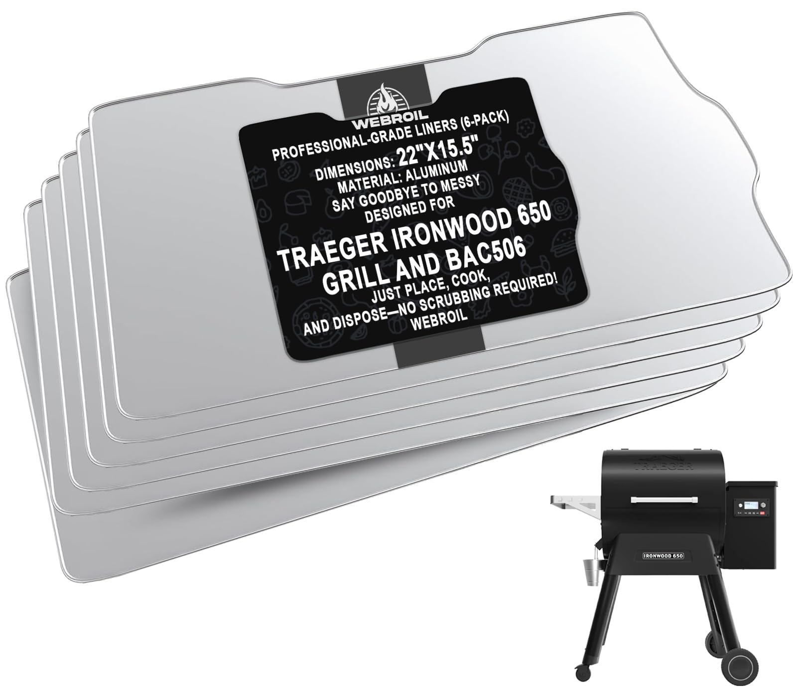 WEBROIL front packaging showing six BAC506 liners and easy cleanup benefit