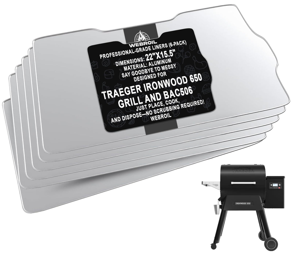 WEBROIL front packaging showing six BAC506 liners and easy cleanup benefit
