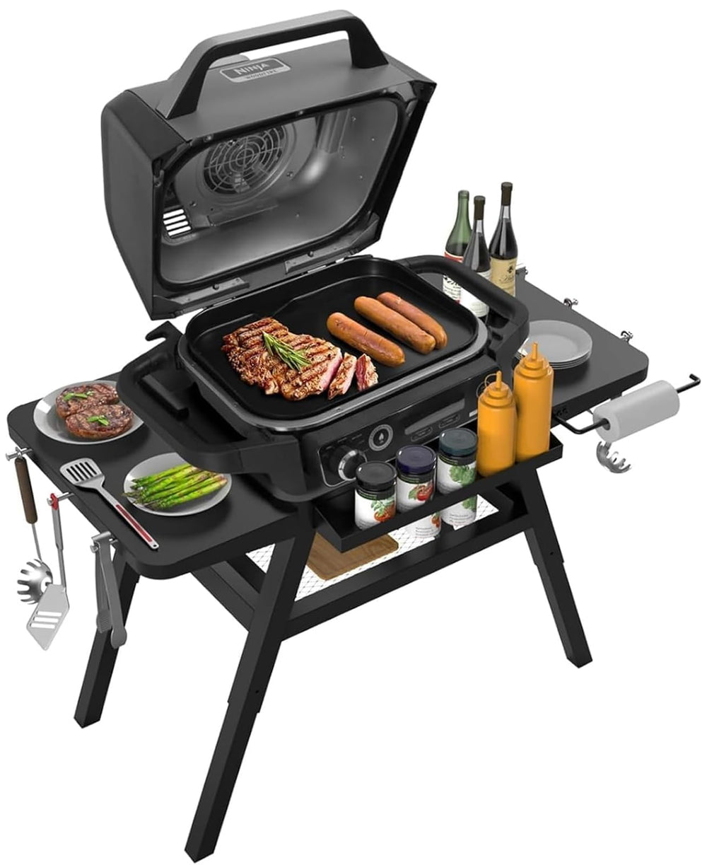 WEBROIL front view assembled stand showing stable base and organized storage benefit