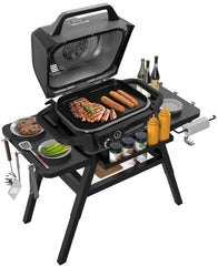 WEBROIL front view assembled stand showing stable base and organized storage benefit