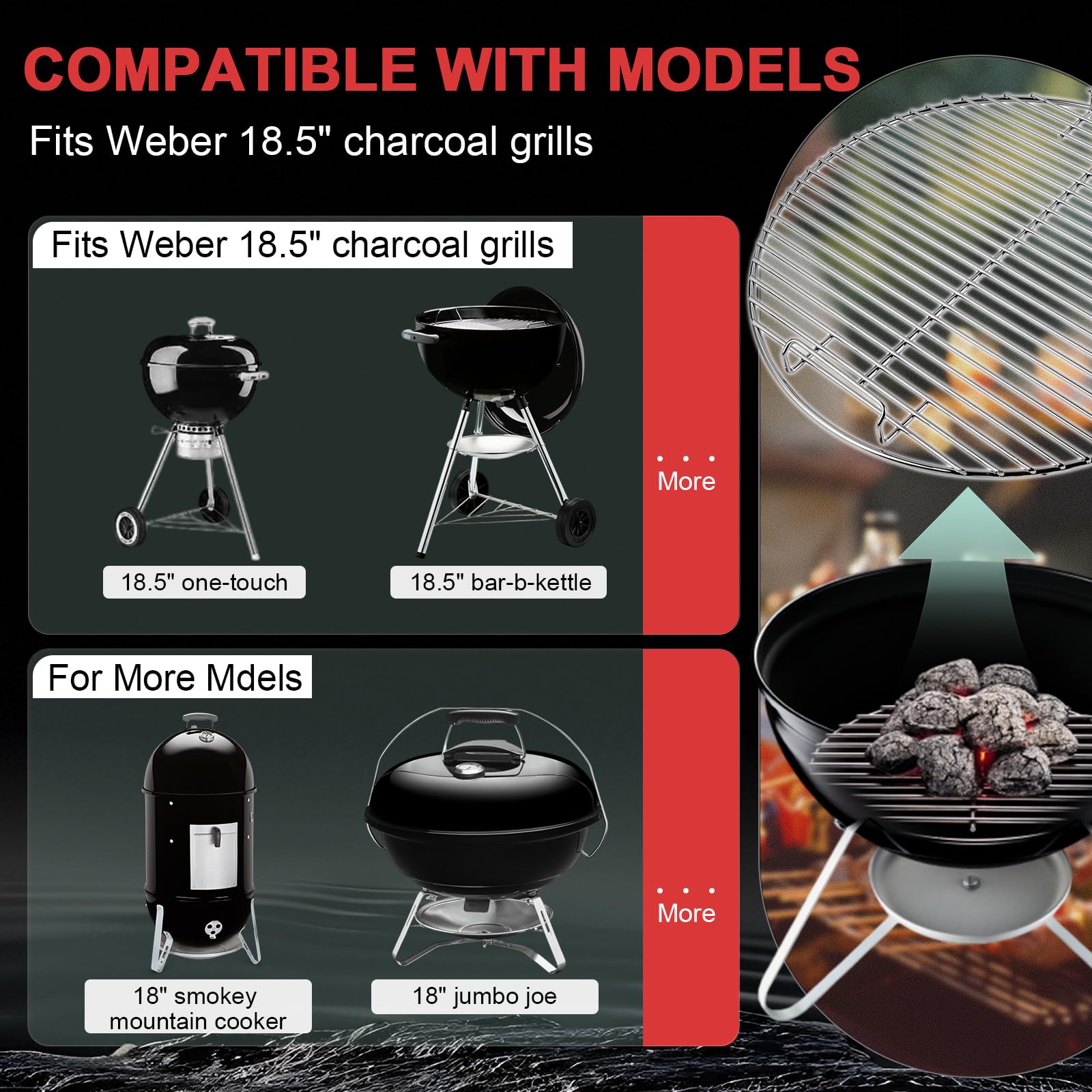 WEBROIL grates installed in a Weber kettle demonstrating secure OEM fit