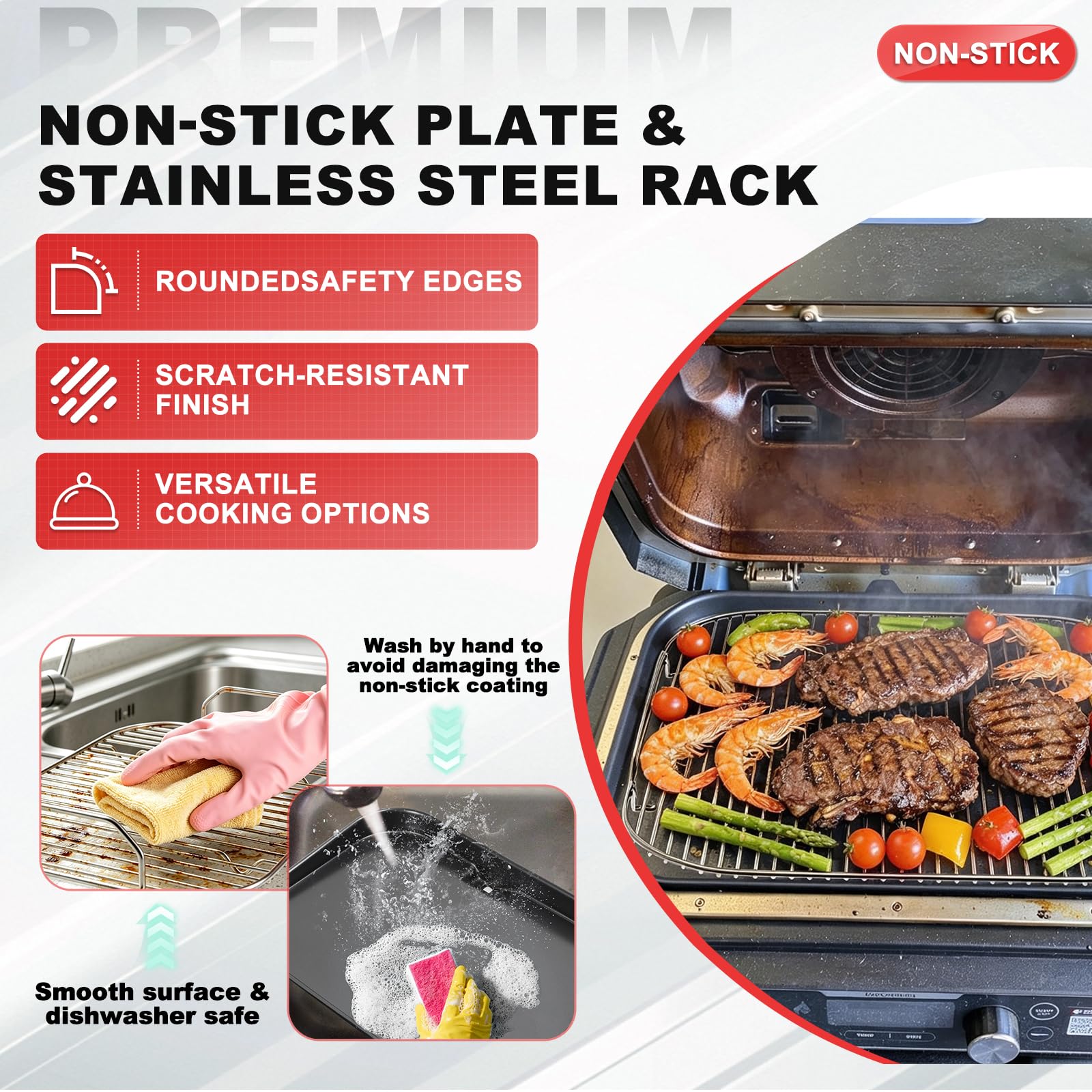 WEBROIL griddle cooking burgers and eggs showing even browning and low-oil cooking