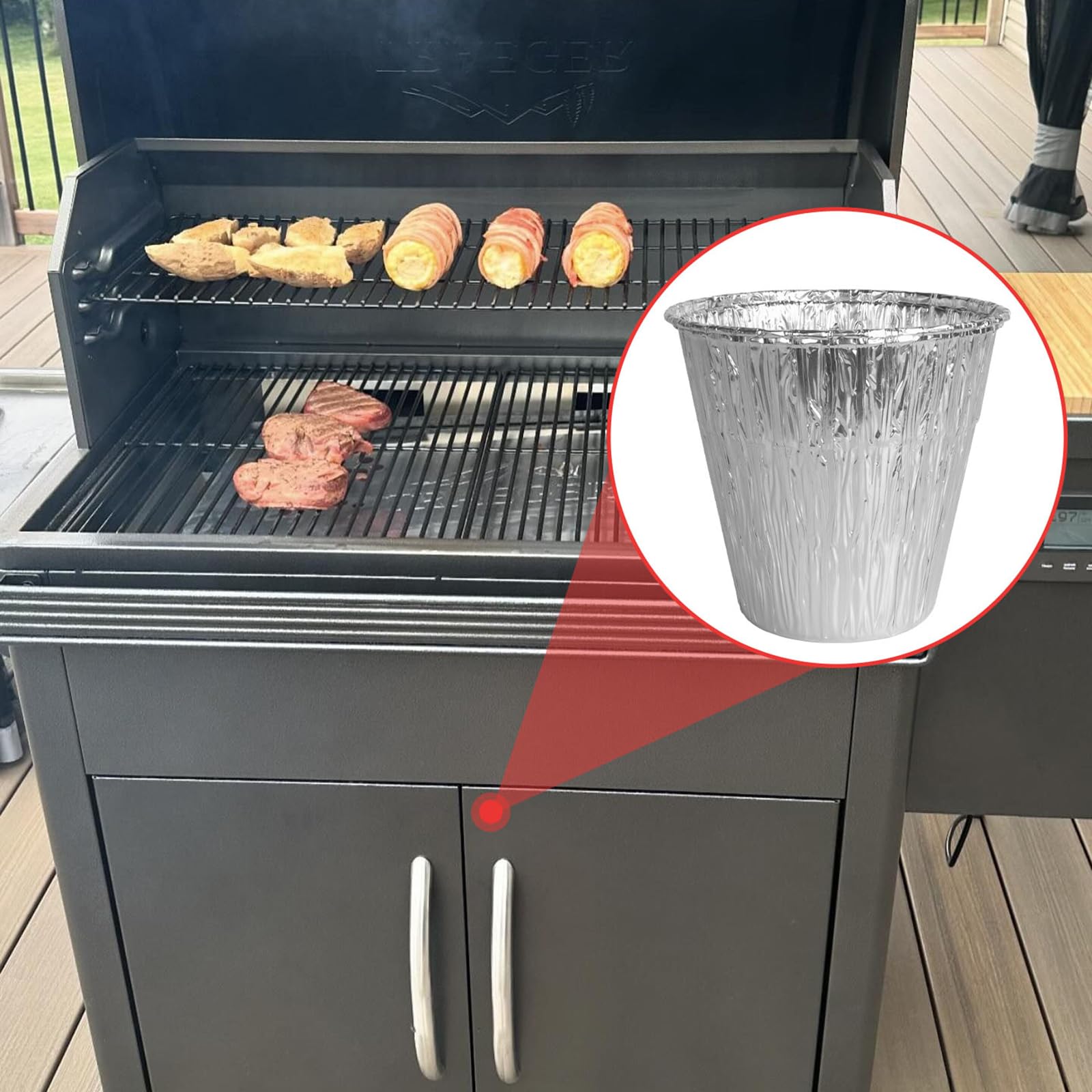 WEBROIL liners stored next to grill in backyard for convenient grilling