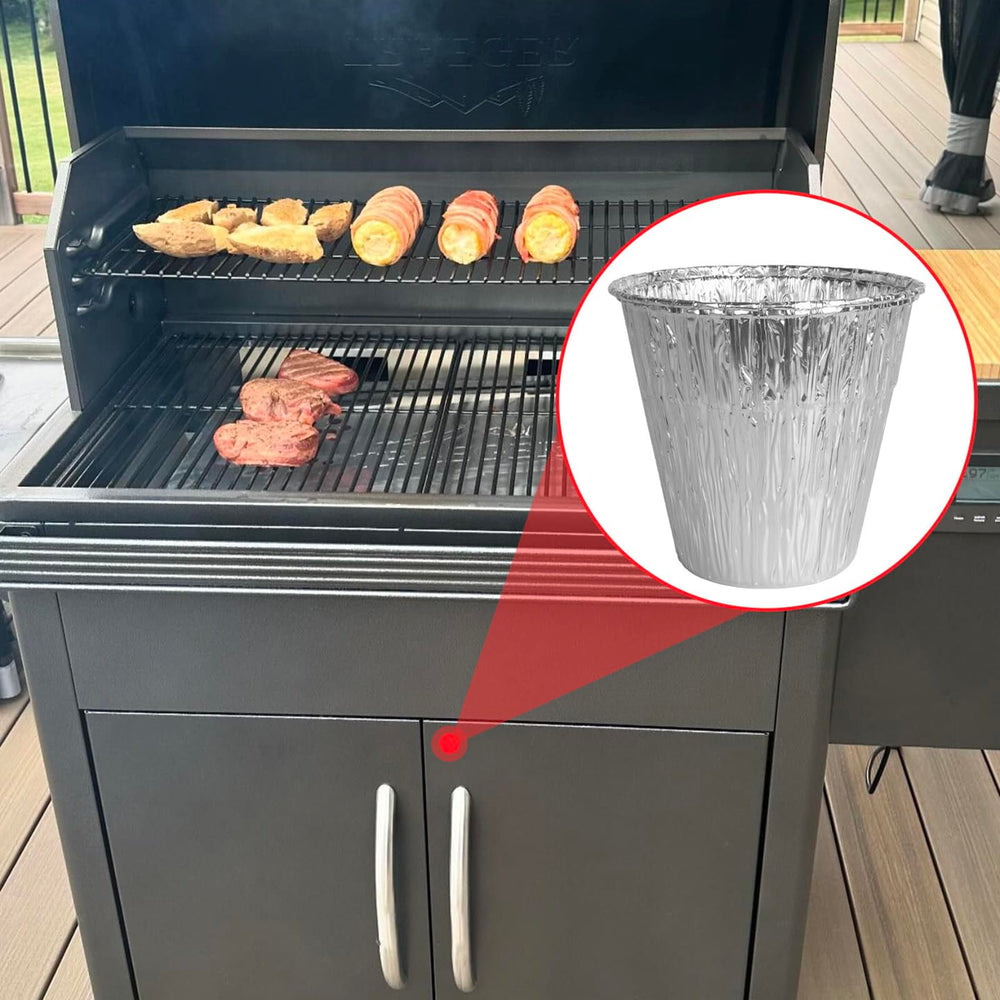 WEBROIL liners stored next to grill in backyard for convenient grilling