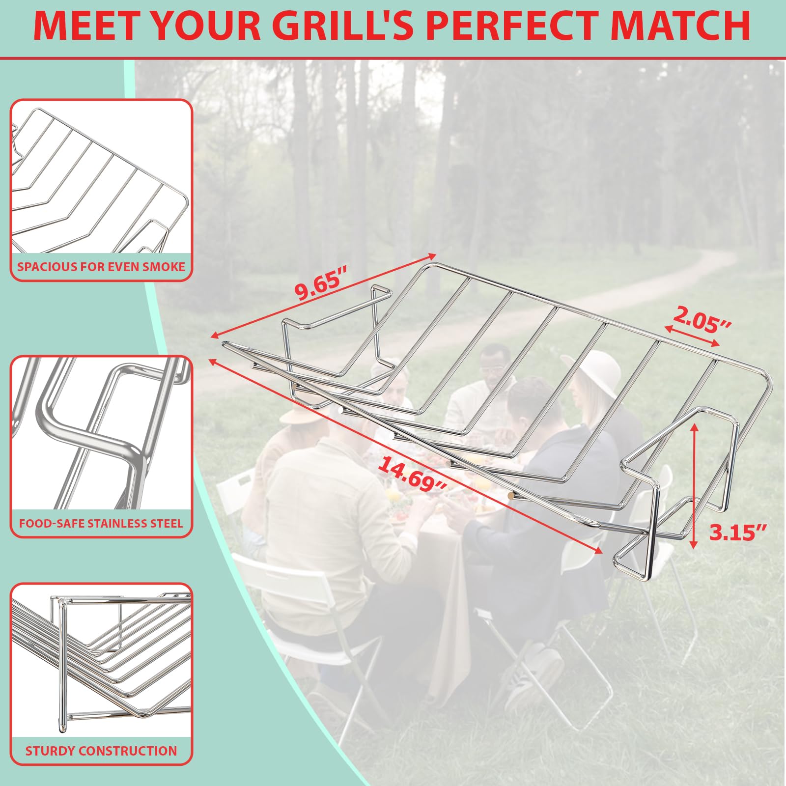 WEBROIL rack beside whole turkey showing dimensions and clear size reference