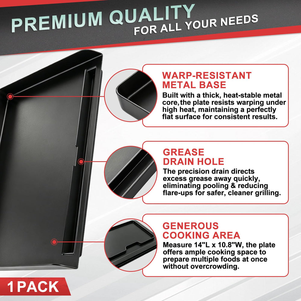 WEBROIL griddle beside ruler showing 14 by 10.8 inch dimensions