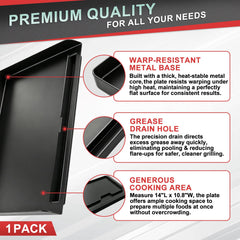 WEBROIL griddle beside ruler showing 14 by 10.8 inch dimensions