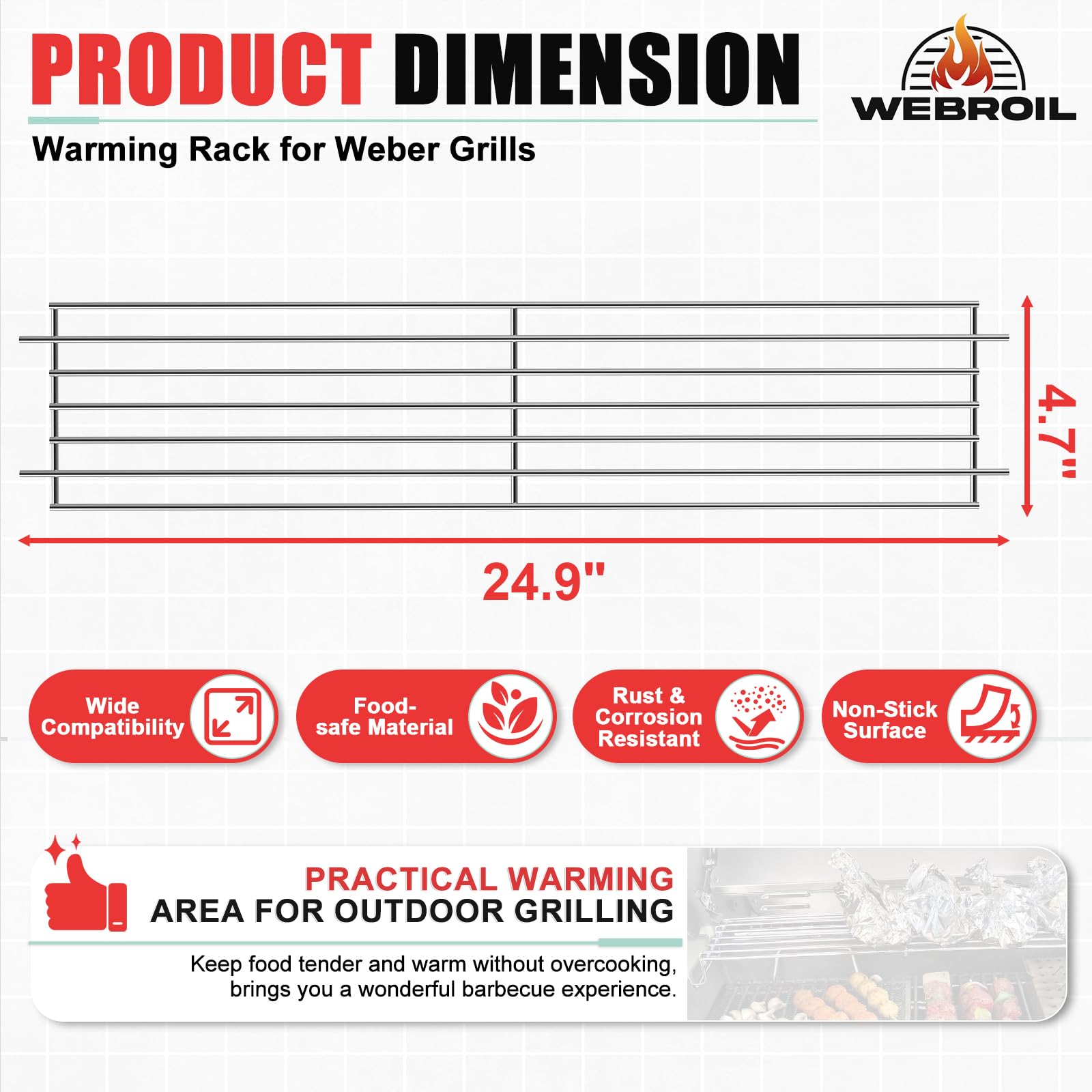 WEBROIL rack installed in a Weber grill creating extra warming space and convenience