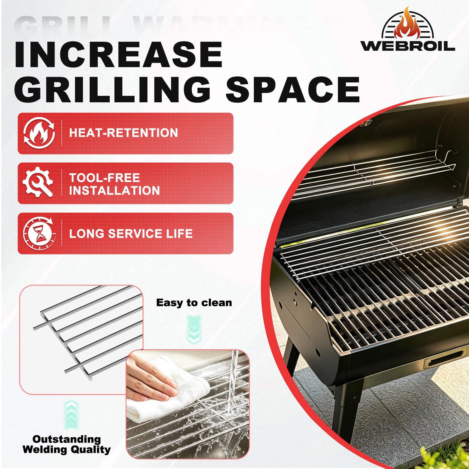WEBROIL warming rack next to tape measure to show the 24.9 inch length accurately