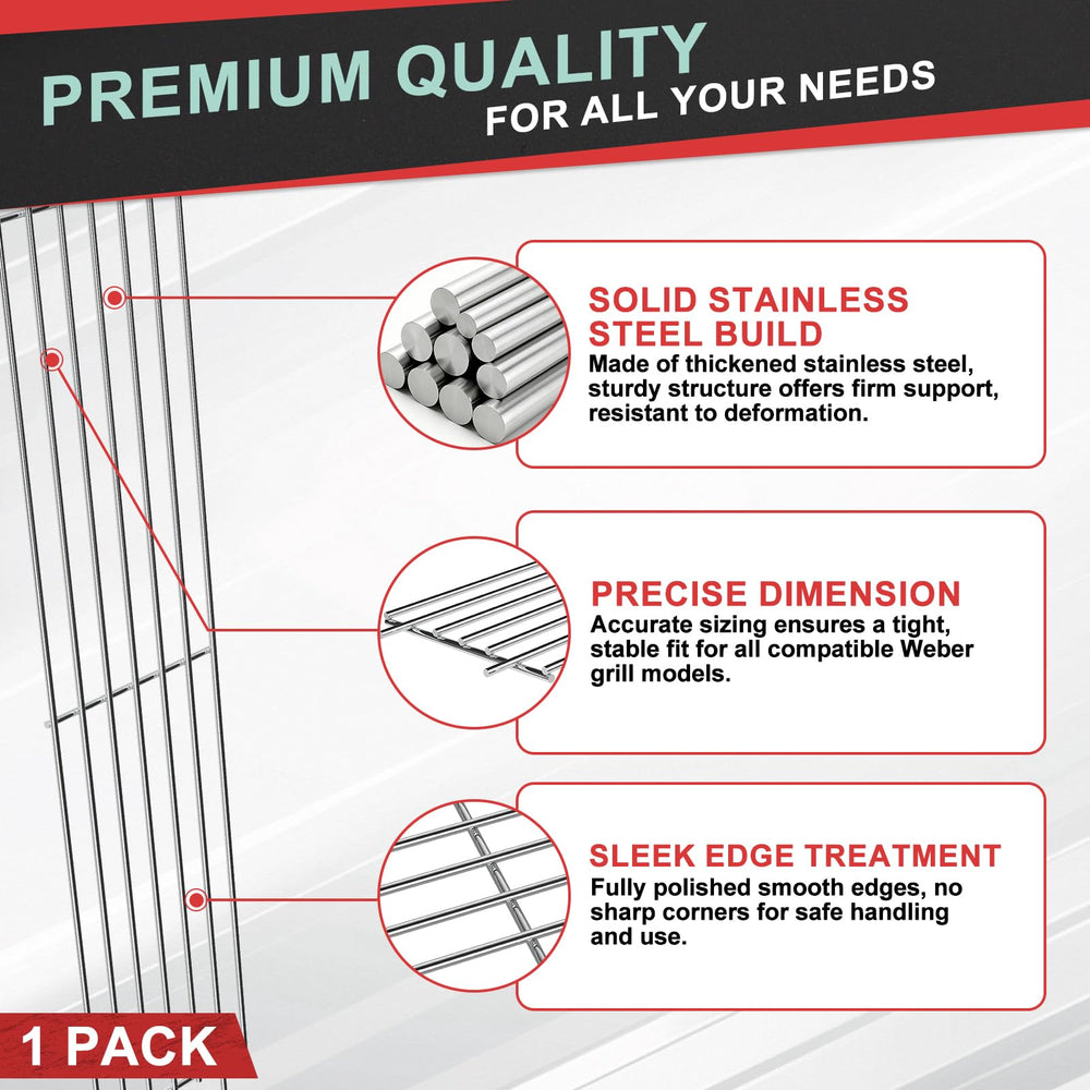 WEBROIL rack support hooks detail showing secure fit and easy placement benefits