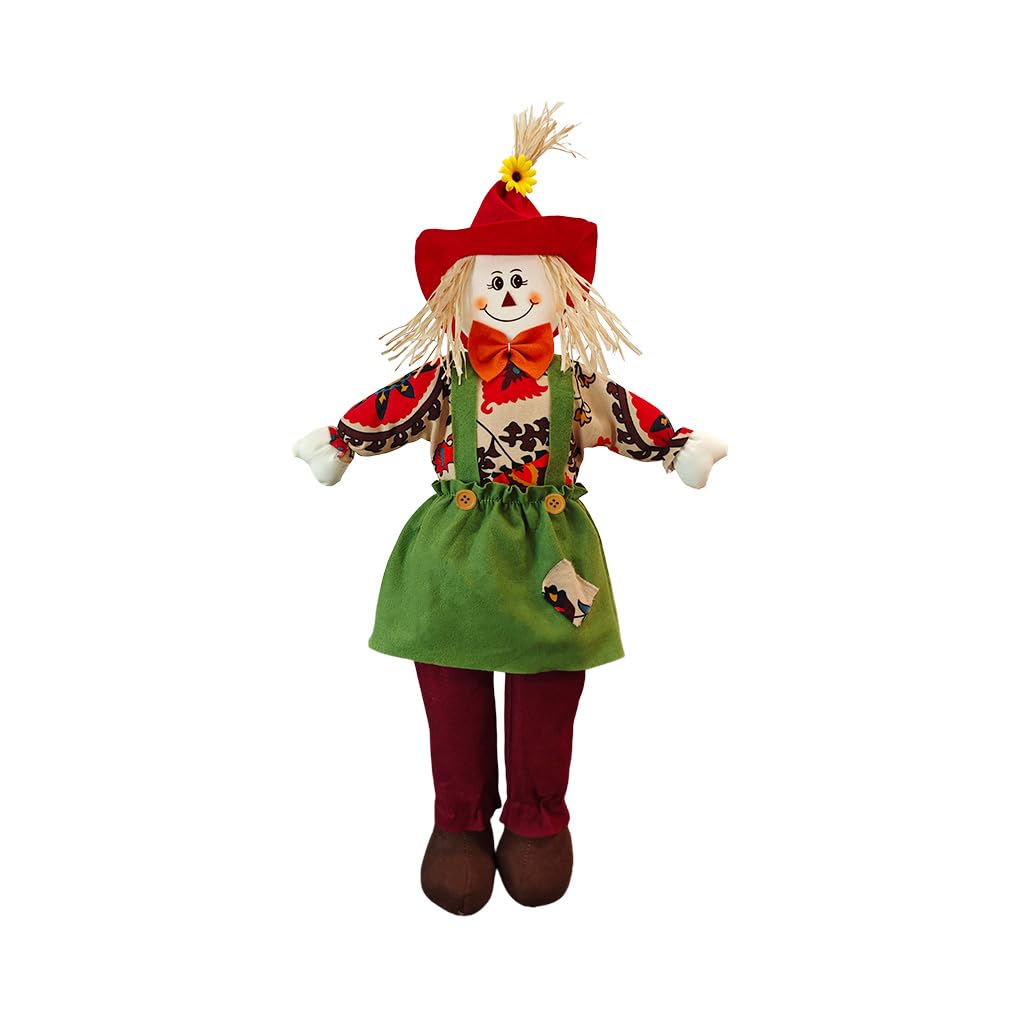 Wedfull front view showing cheerful girl scarecrow and welcoming fall look