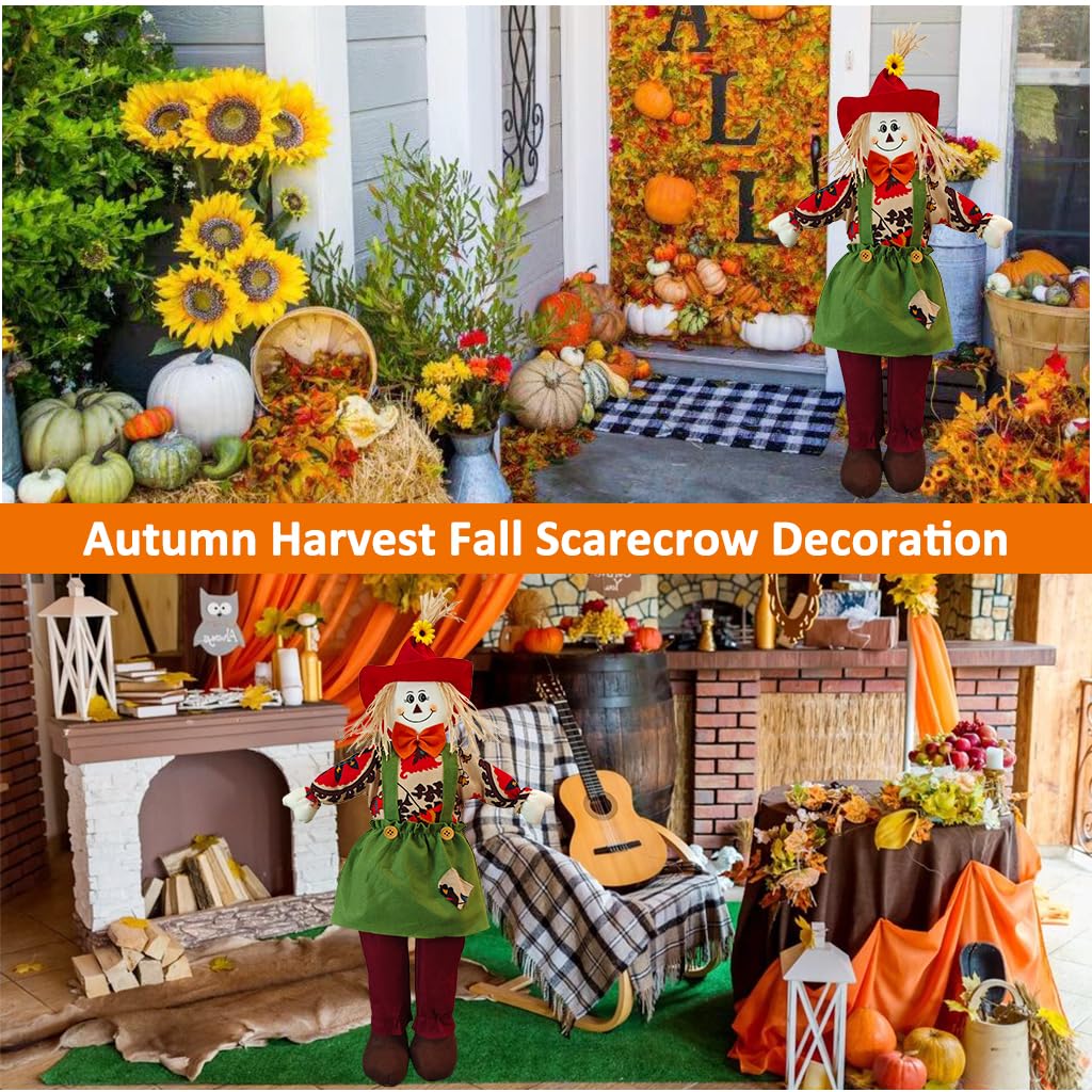 Wedfull porch setup with scarecrow adding seasonal charm and curb appeal