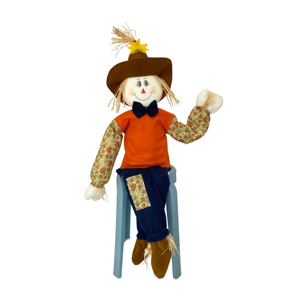 Wedfull scarecrow front view showing colorful outfit and friendly face benefit: instant porch charm