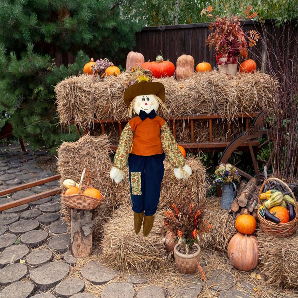 Wedfull scarecrow staged on a porch with pumpkins showing festive look benefit: ready for holiday photos