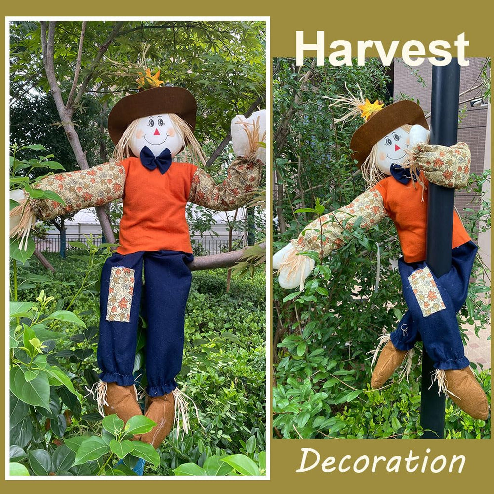 Wedfull scarecrow beside a chair for scale showing 43.5-inch height benefit: noticeable but compact