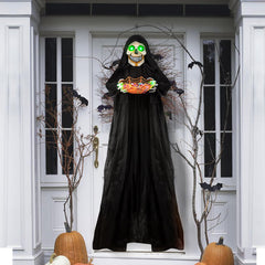 WeDoSoy 71-inch hanging skeleton front view with glowing eyes creates instant Halloween atmosphere
