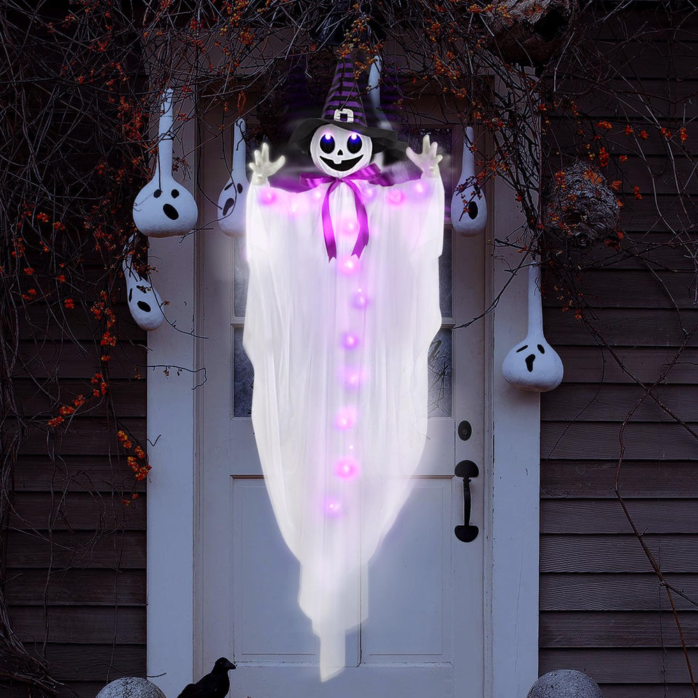 WeDoSoy front view of hanging witch ghost showing full 55-inch height and impact