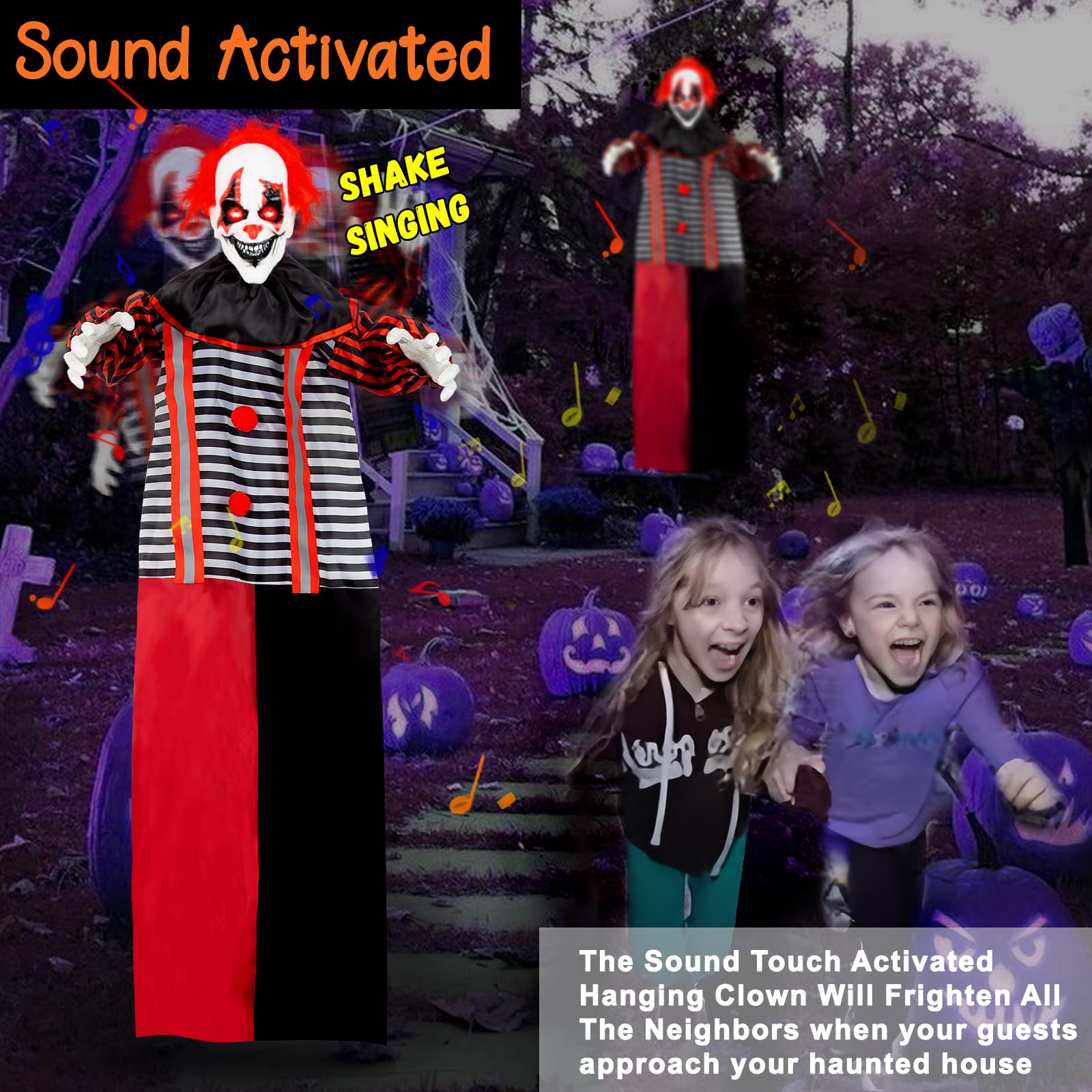 WeDoSoy full-length hanging clown over porch creating a startling Halloween focal point