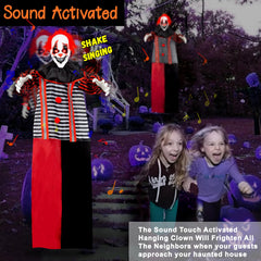 WeDoSoy full-length hanging clown over porch creating a startling Halloween focal point