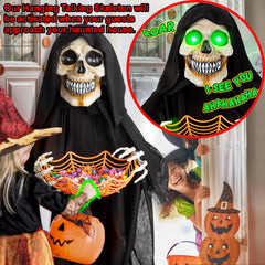 WeDoSoy skeleton candy dish closeup holding treats to entertain trick-or-treaters safely