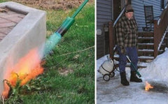Weed Dragon torch in use on driveway demonstrating quick chemical-free weed and ice removal