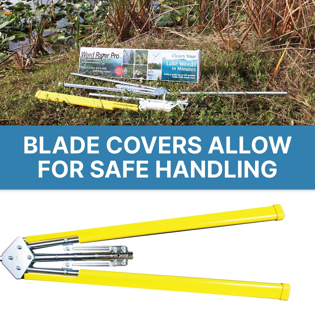 Weed Razer sharpener and covers included for blade maintenance benefit