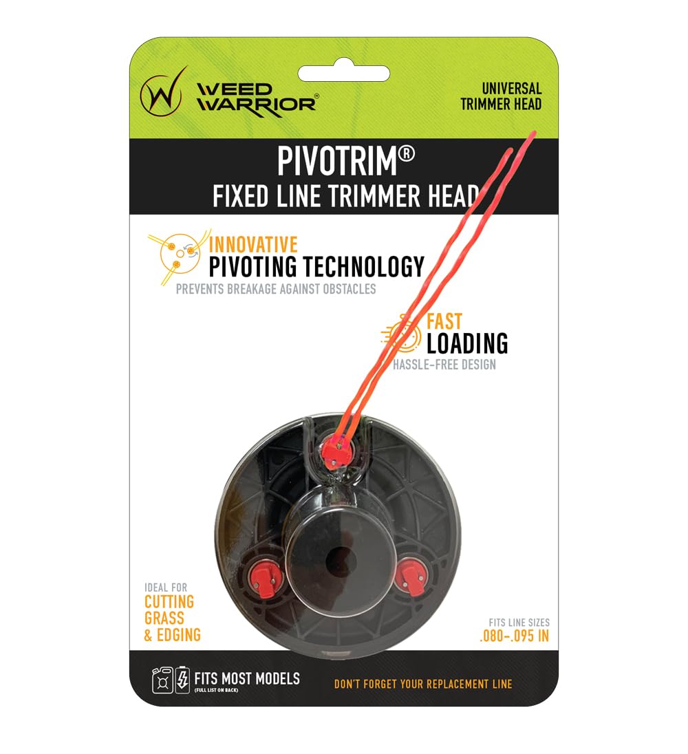 WEED WARRIOR PivoTrim front assembly showing universal mount and durable shell, improves reliability