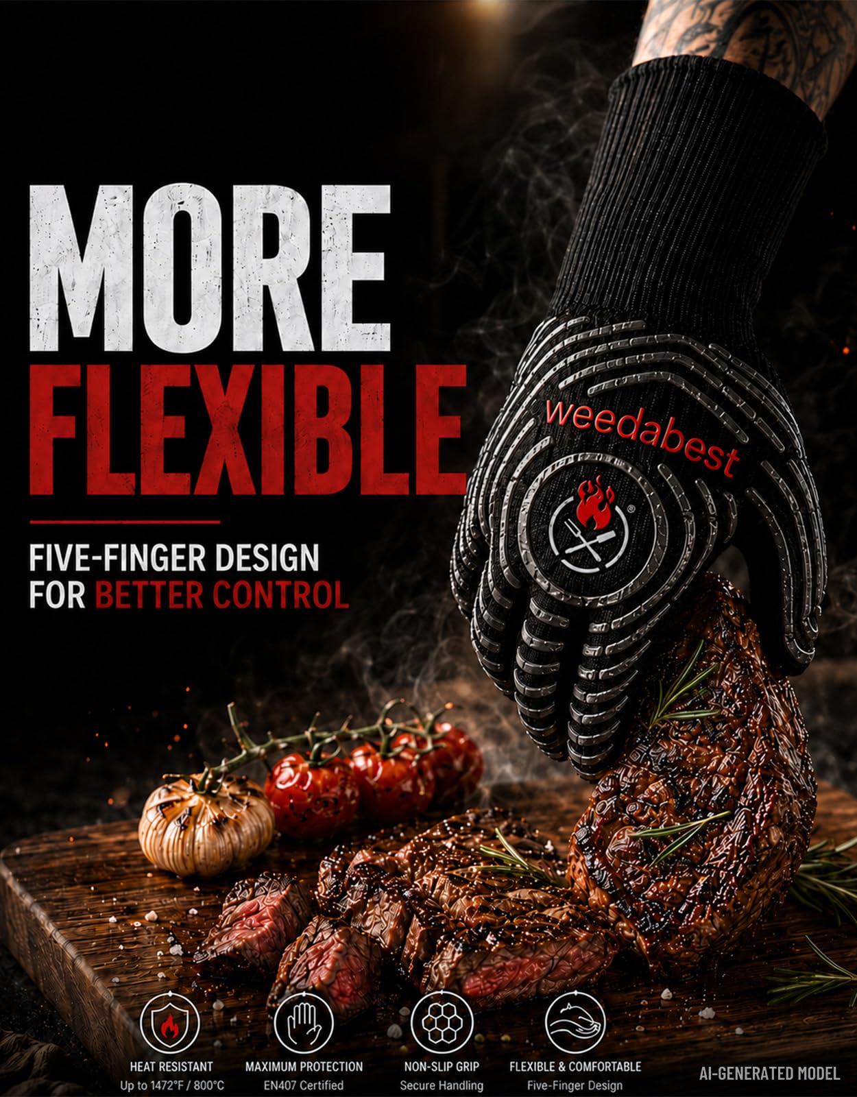 WEEDABEST size scale with hand comparison showing fit and flexibility
