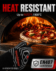 WEEDABEST gloves in use flipping steak on a backyard grill for safety
