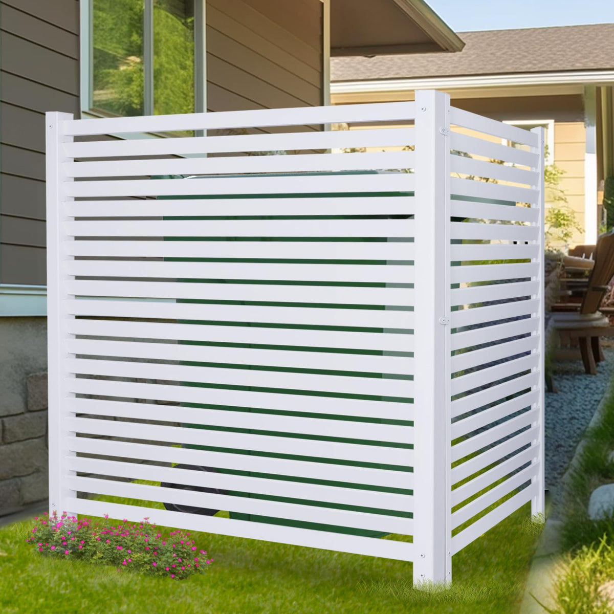 WEEDING front view assembled fence hiding equipment with clean curb appeal