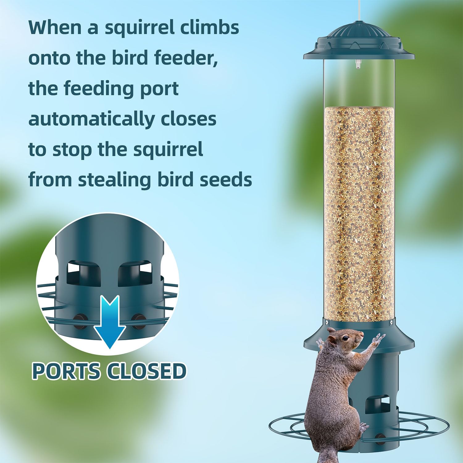 WeeFeetc closeup of weight mechanism, deters squirrels with reliable closure