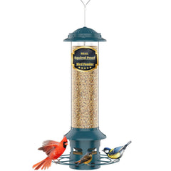 WeeFeetc front view hanging feeder showing durable metal and ports, protects seed